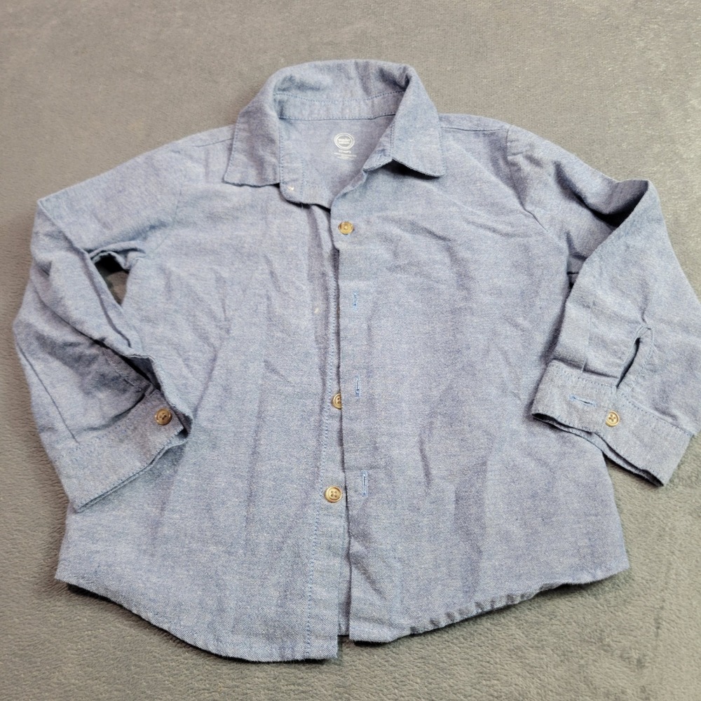 Wonder Nation Button Down Shirt Toddler Boy 3 Blue Grey Oxford Long Sleeve Dress